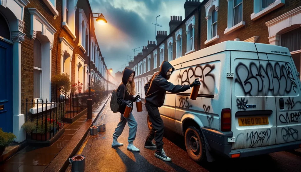 two people vandalising a van 