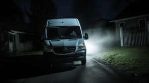 a white van parked at night on a dark road