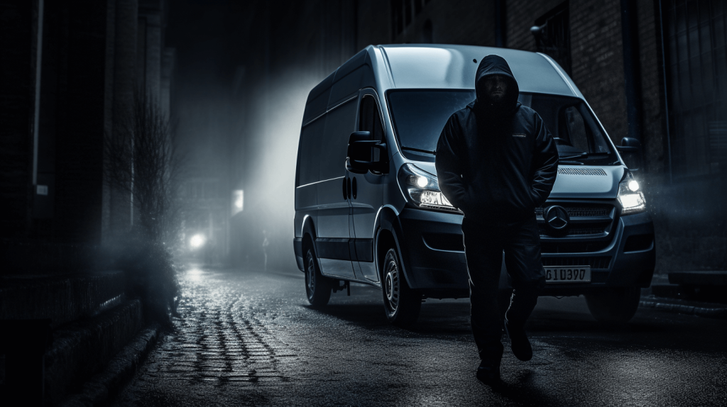a hooded thief infront of a white van